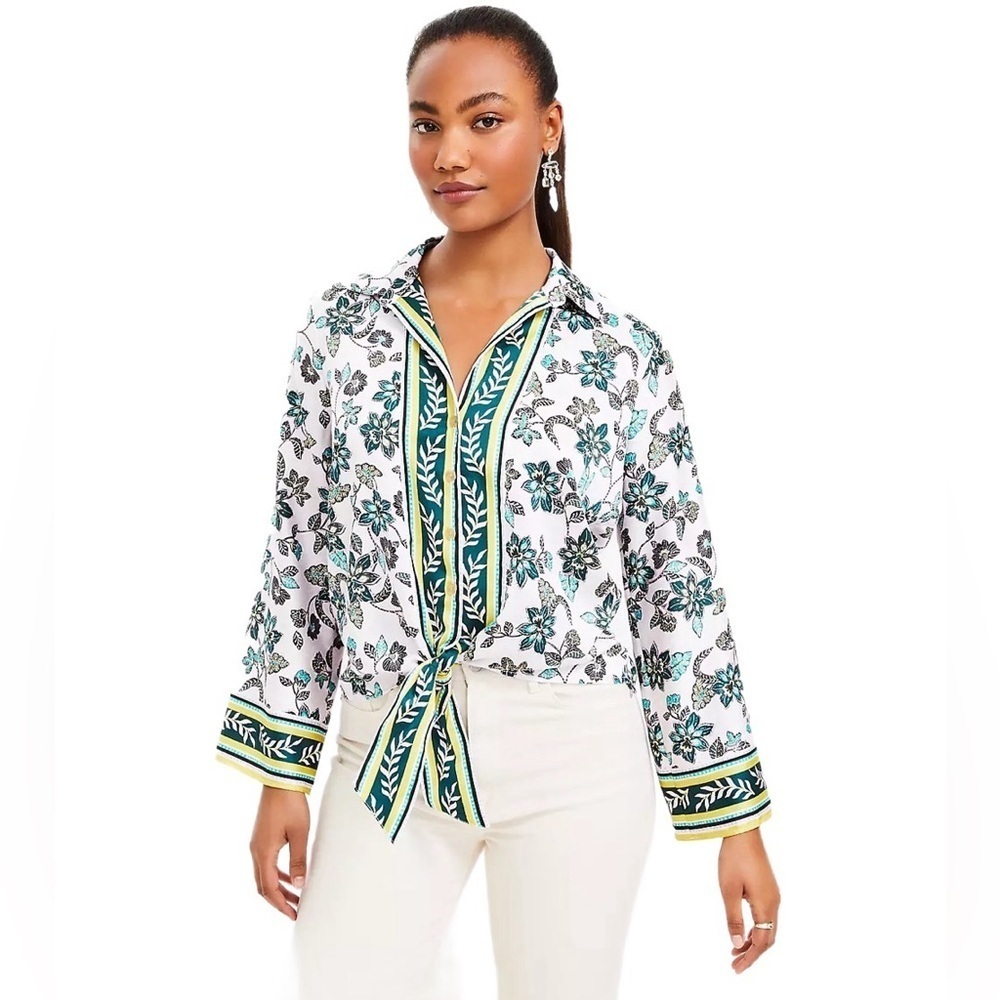 LOFT βHibiscusβ Tie front Long Sleeveblouse in light purple, turquoise, gold XS - Picture 1 of 10